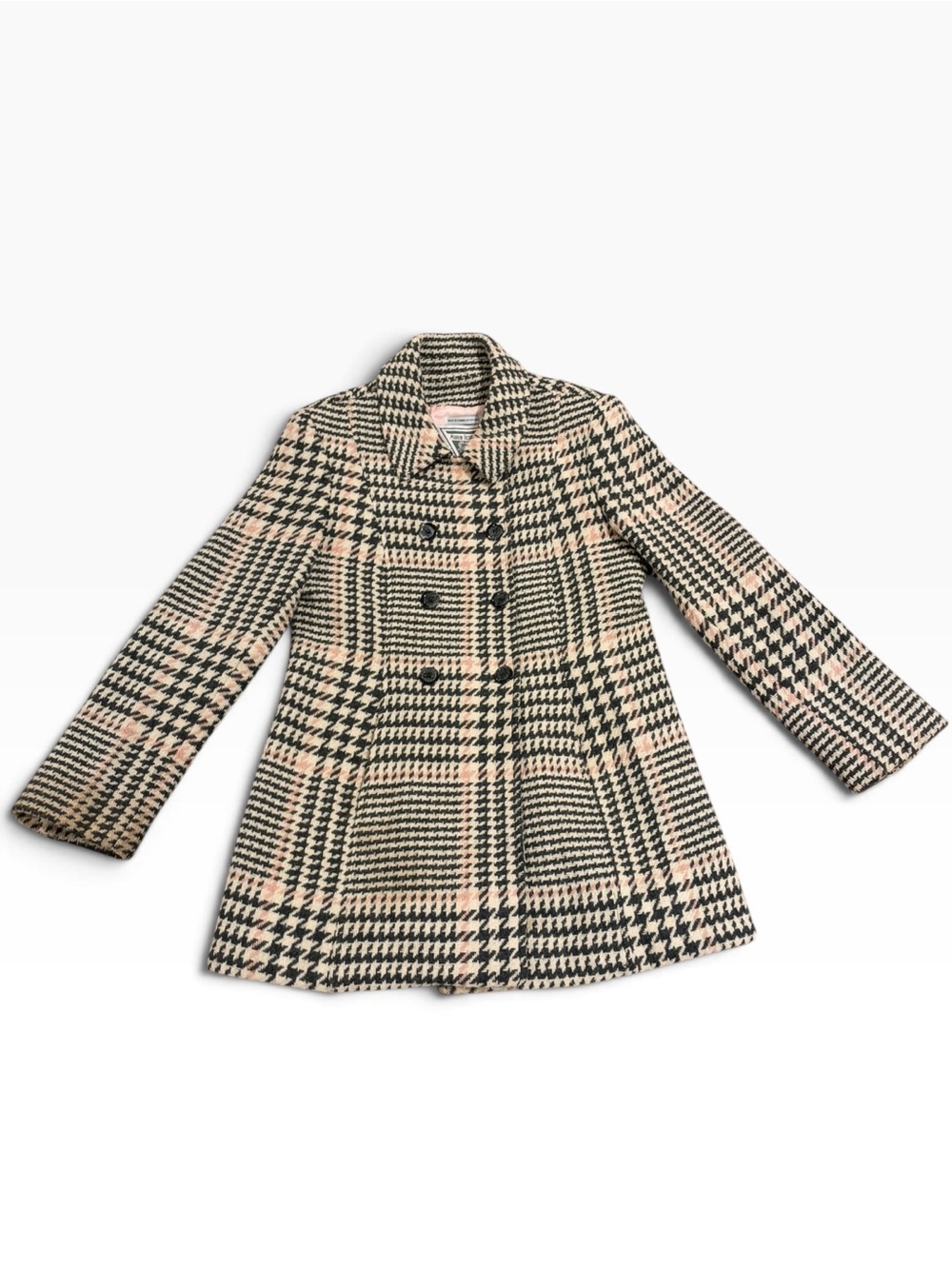 Vintage Marvin Richards Wool Houndstooth Plaid Coat Pink Black L